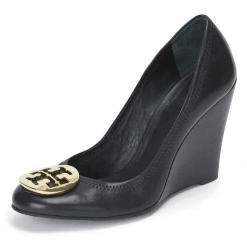 Tory Burch Black Leather Wedge Heels with Gold Logo Medallion